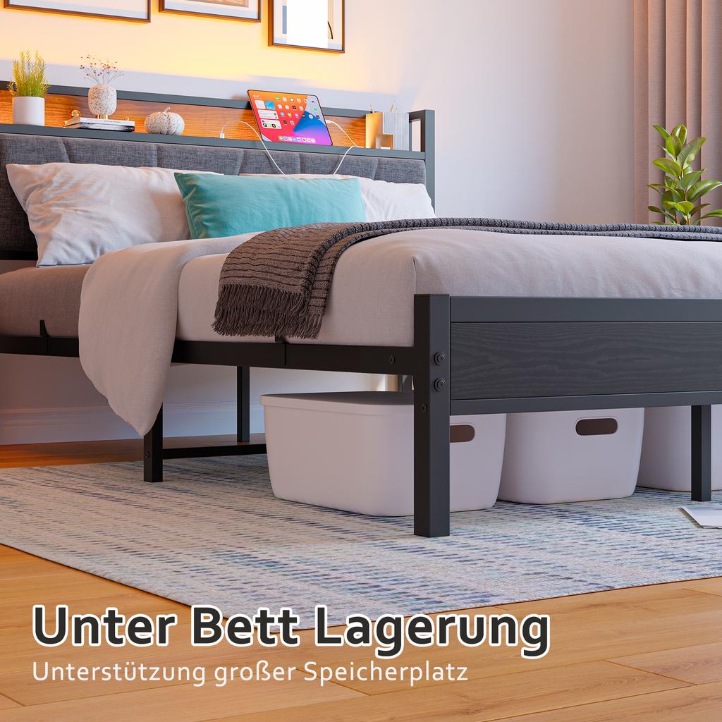 140x200cm Bed Frame with LED Lights, Storage Headboard with USB Charging, Heavy Duty Metal Slat Support, Noise-free, Assembly, No Box Spring Required