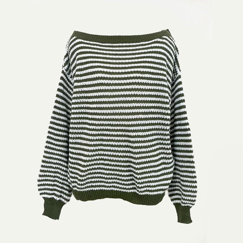 Off The Shoulder Striped Sweater Women Autumn Winter Fashion Loose Soft Neckline Casual Knitted Sweaters
