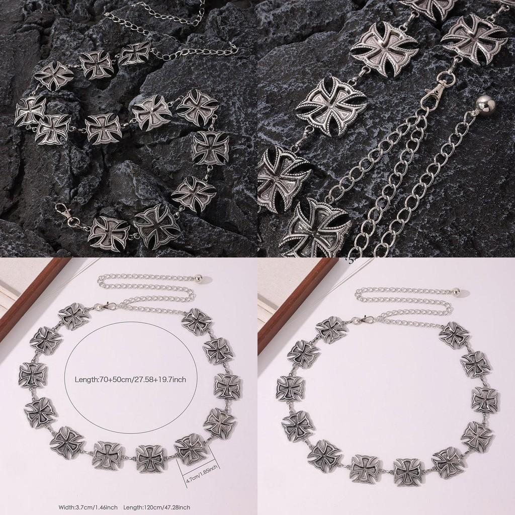 Retro Style Metal Waist Belt With Engraved Cross For Streetwear And Looks Casual