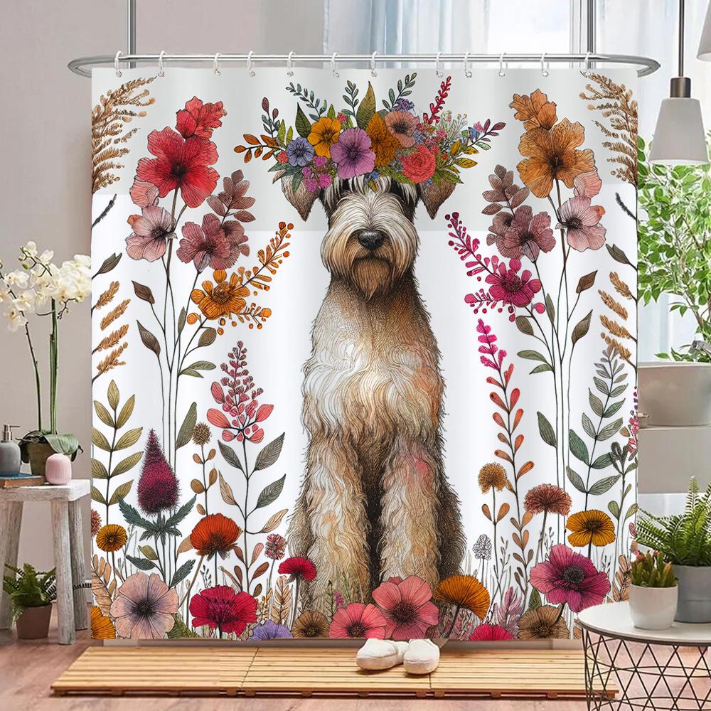 Flowers Dog Shower Curtain with Hooks Home Decor for Watercolor Plants and Floral Bathroom Curtain Polyester Fabric Bath Curtain