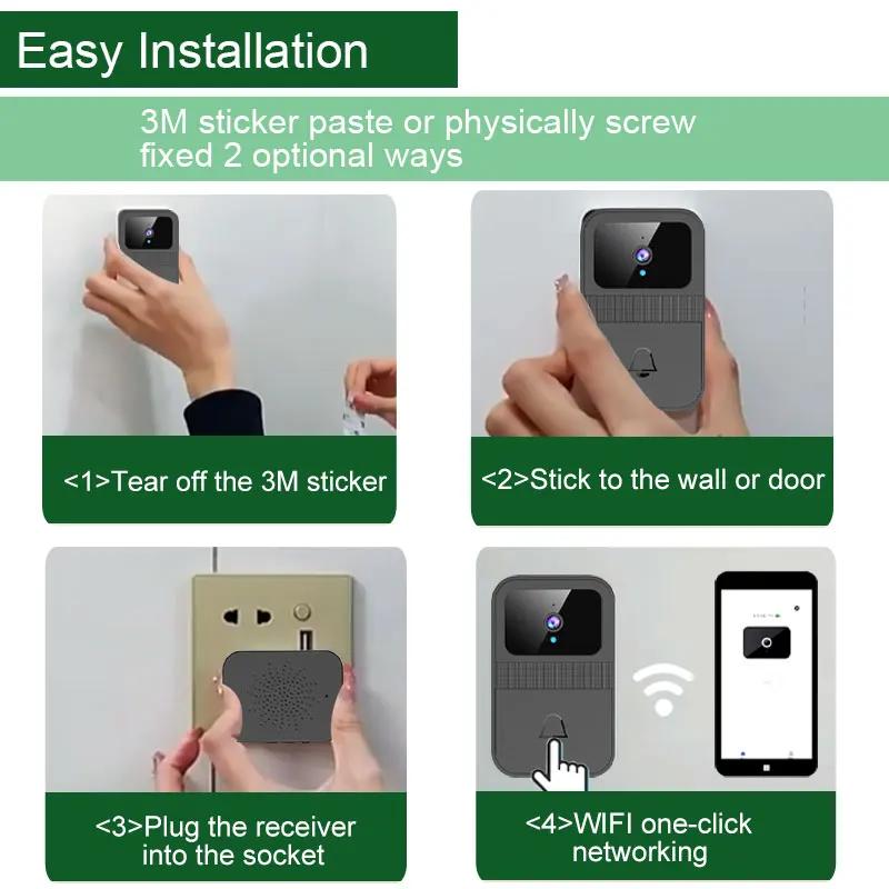 Smart Home Wireless Video Doorbell 2-Way Audio HD Video Doorbell Camera Cloud Storage Night Vision, 2.4G WiFi Compatible