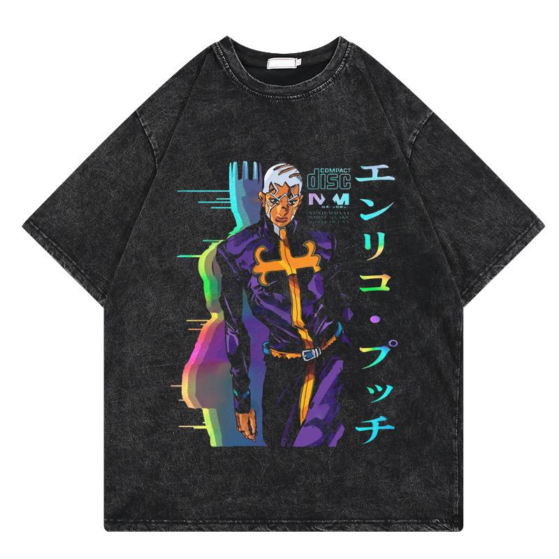 Vintage Washed T Shirt Men Summer Hip Hop Loose Y2k T-shirt JoJo Bizarre Adventure Anime Print Cotton Casual Short Sleeve Tshirt