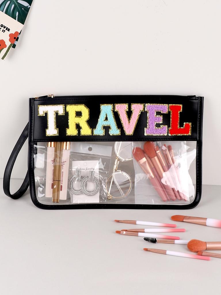 Transparent Letter Makeup Bag Large Capacity Storage Bag PVC Waterproof Cosmetic Bag Embroidery Splicing Household Storage