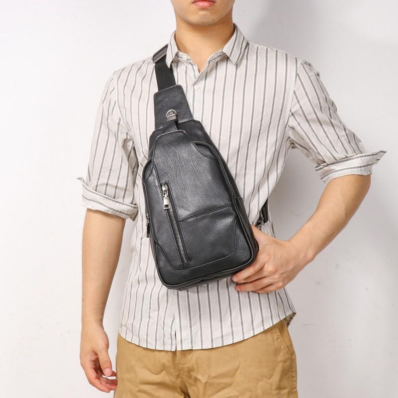 New Leather Fashionable Chest Bag Black Simple Shoulder Top Layer Cowhide IPad Phone Crossbody чёрный