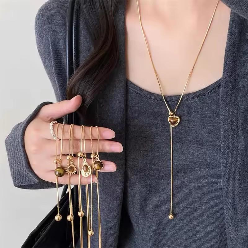 Fashion Brown Stone Sun Geometry Pendant Long Snake Chain Necklace Jewelry For Women New Vintage Charm Jewelry Gifts