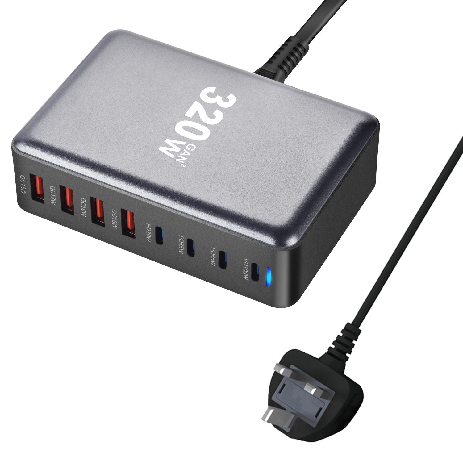 

320 Вт GaN зарядний пристрій USB C Fast Desktop 8-портовий USB Type C PD зарядний пристрій Fast Charge 3.0 USB Type C Fast Charger для iPhone15 14 Samsung Phone UK Plug