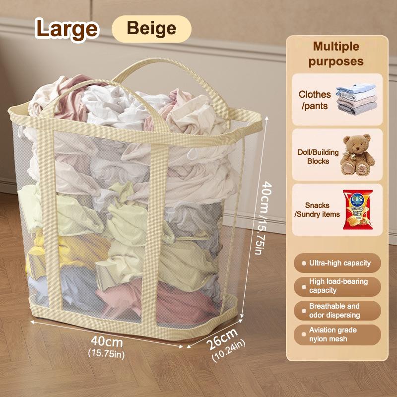 Nylon Mesh Laundry Basket With Handle Breathable Folding Portable Dirty Clothes Organizer Bags Large Capacity Toys Storage Bag