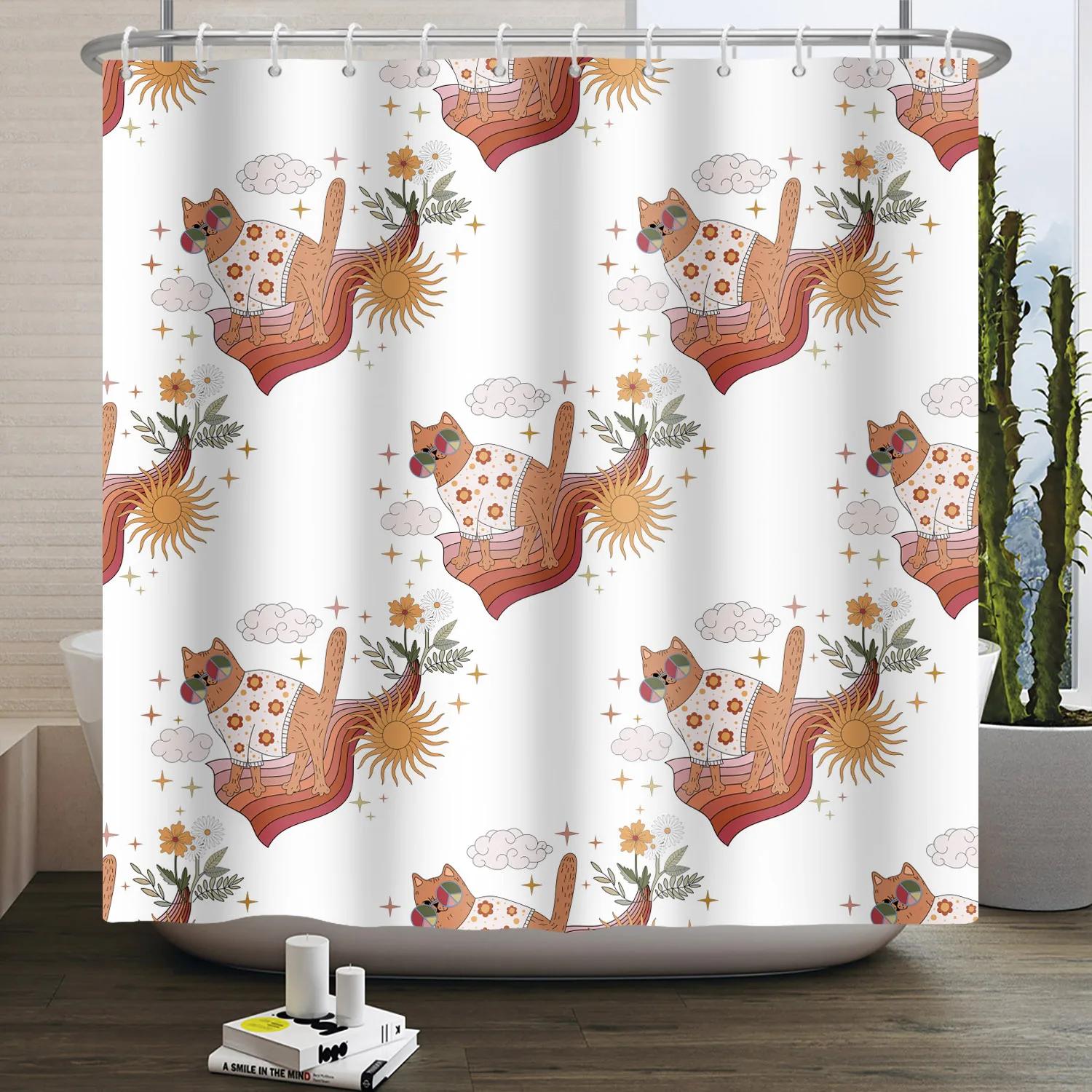 

Мультяшна шторка для душу з котиком, смішна тварина, милий кіт, собака, дитячий принт, водонепроникна, для ванної кімнати, шторки для душу, прикраса з гачками 120xH180cm