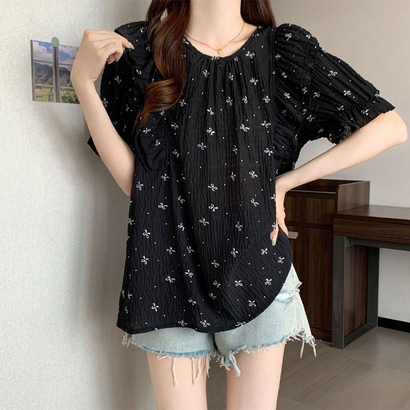 Bow Print Loose Top Women's Summer New Pleated Short Sleeved Shirt Korean Series
