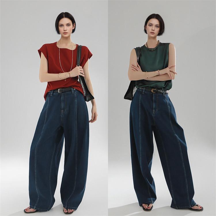 Women's Retro High-Waisted Wide-Leg Jeans - Blue Denim, Floor-Length, Slimming, Versatile, Spring/Autumn Trendy