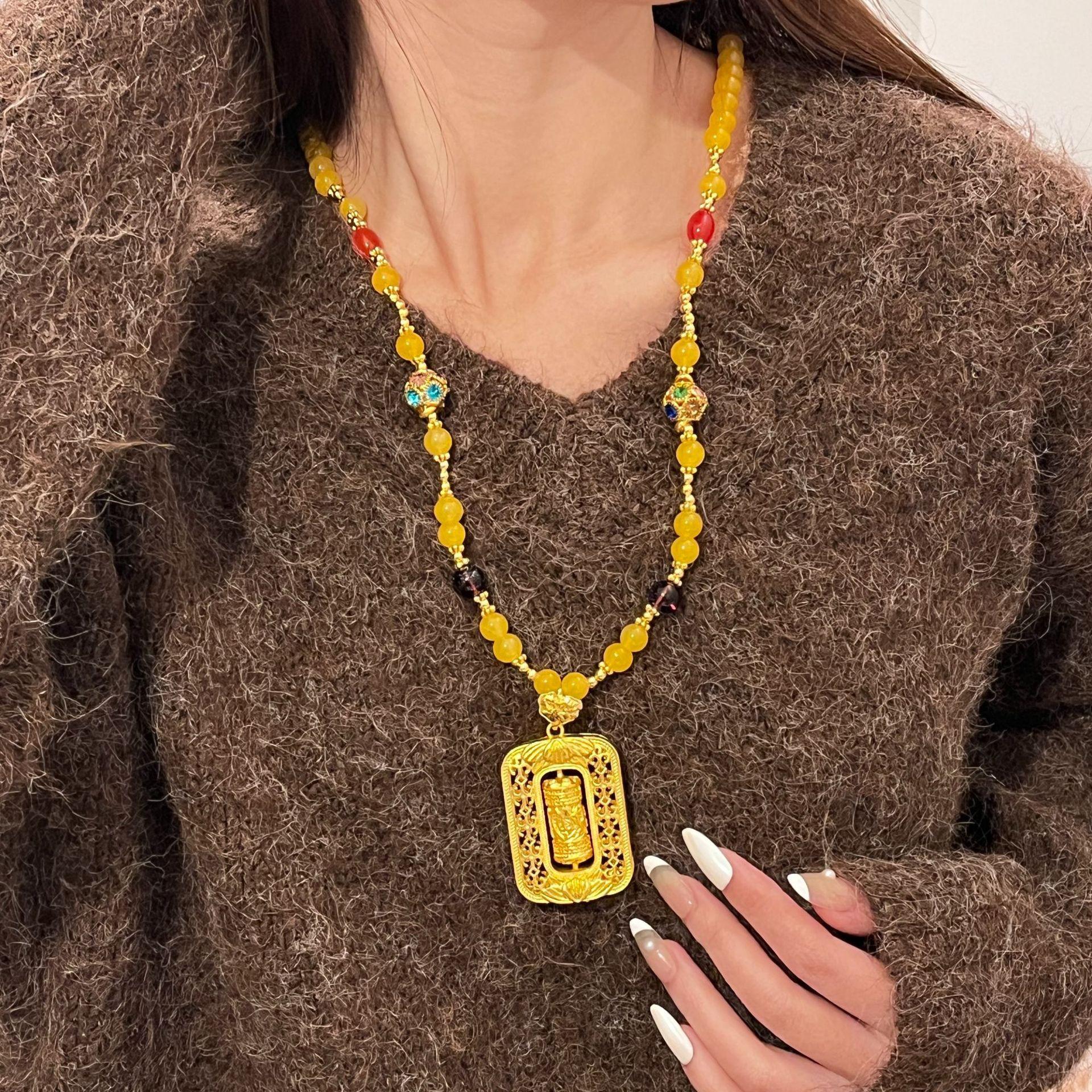 Retro Chinese Style Hollow Square Pendant Necklace - Luxurious High-End Sweater Chain with Beads