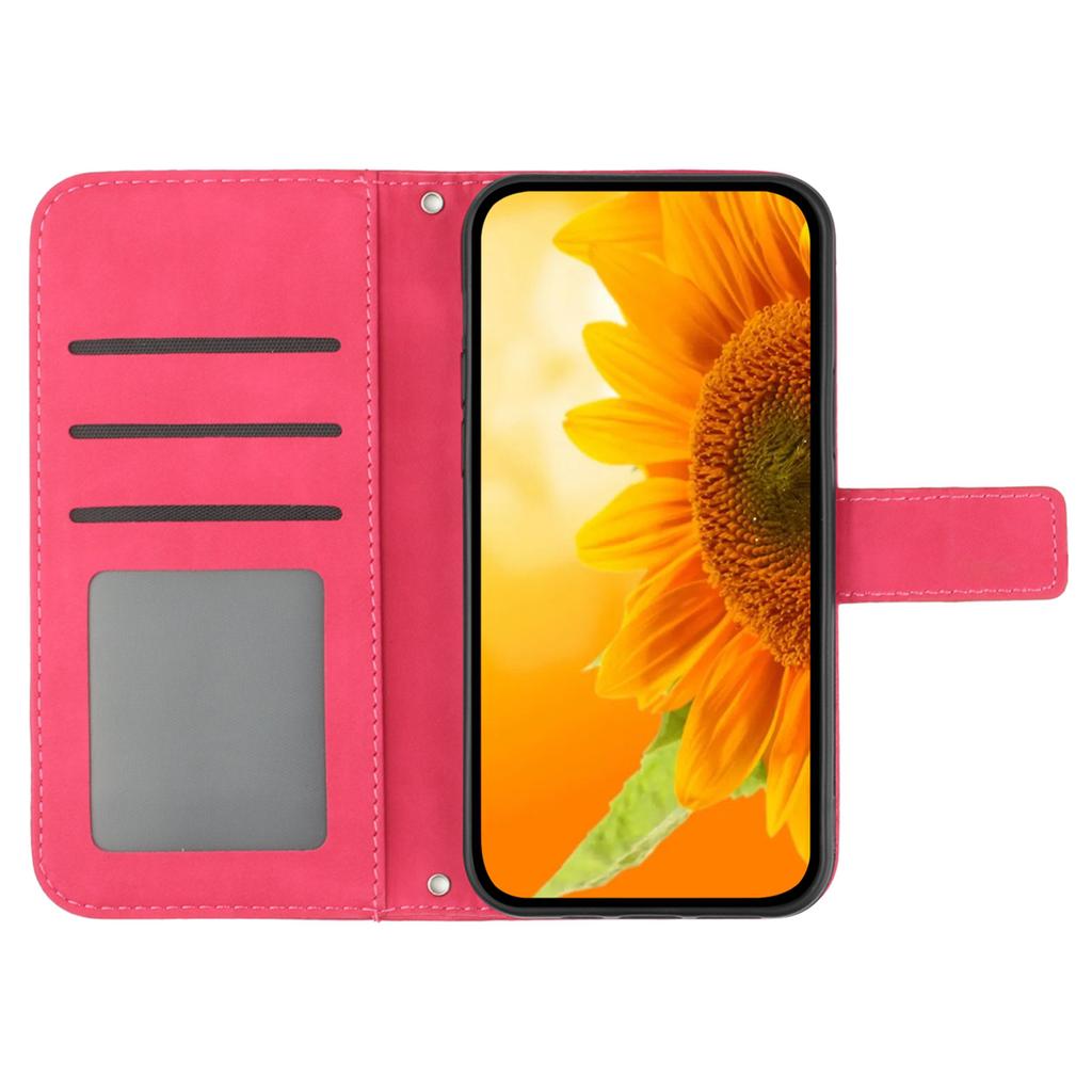 HT04 For iPhone 16 Case Sunflower Imprint Leather Wallet Phone Cover with Hand Strap