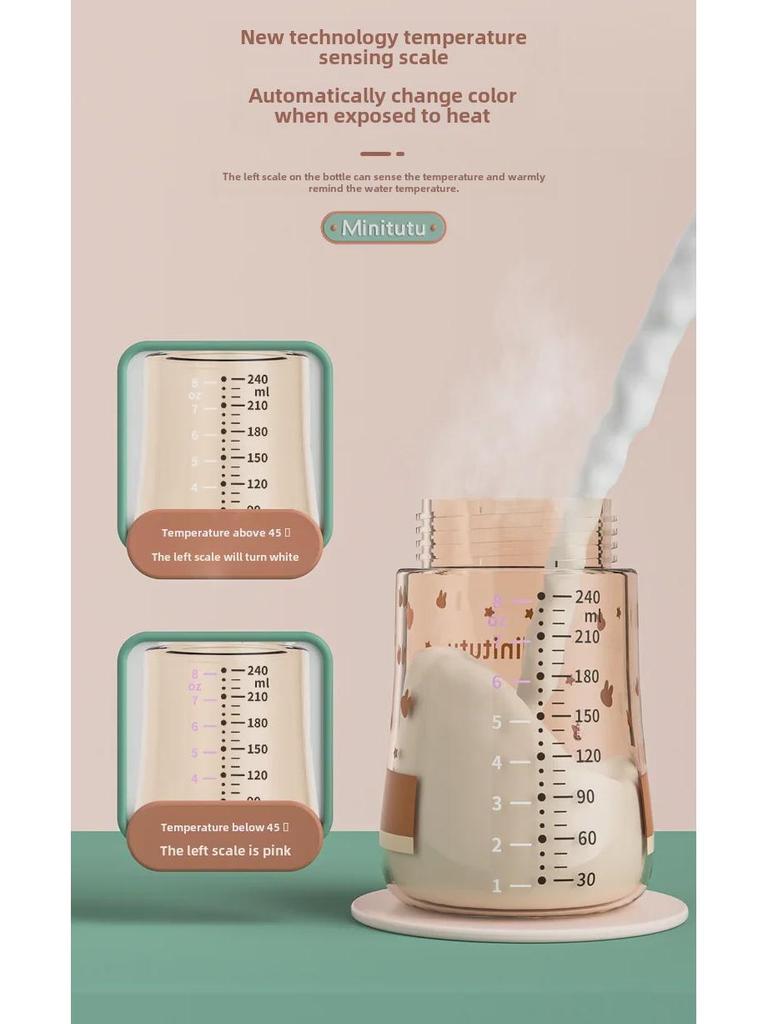 Minitutu Wide Mouth Bottle with Temp-Sensitive Scale, Flip-Top, Anti-Fall, Anti-Flatulence, and Suction Duckbill