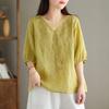 Top Artistico Vintage Taglie Forti Ampio Manica Media Camicia da Donna Cotone Lino Blusa a Manica a Lanterna
