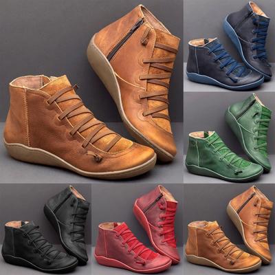 Women's Casual Flat Leather Retro Lace-up Boots Side Zipper Round Toe Shoe Boots