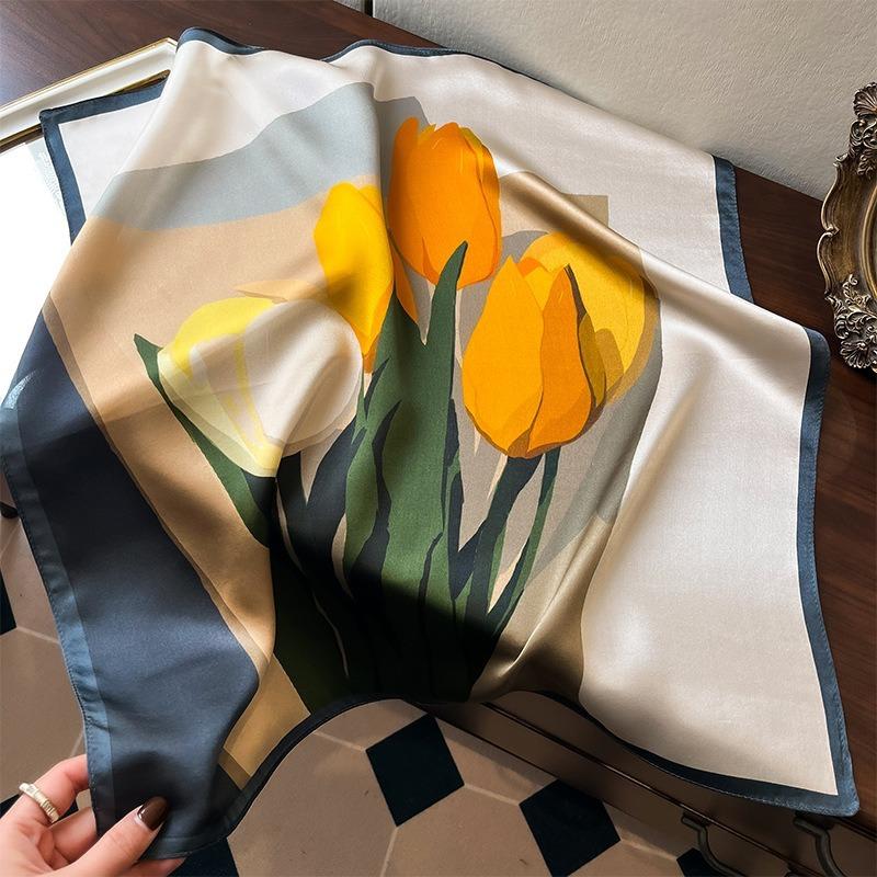 New Silk Silk Scarf Women's Spring Fashion Elegant Peony Plain Crepe Satin Silk Scarf 100% Mulberry Silk Square Scarf 53 Silk Scarf