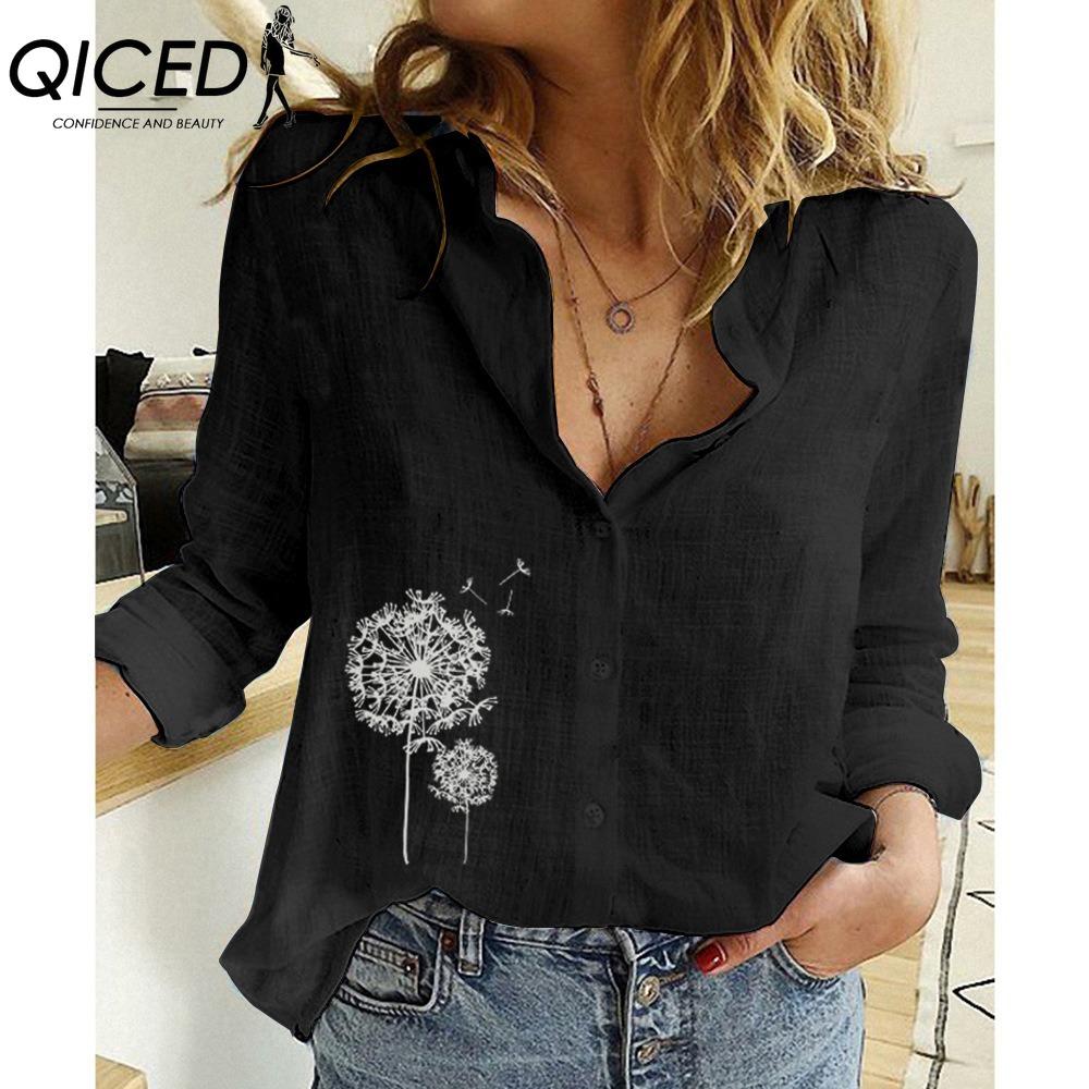 

QICED Women s Fashion Casual Dandelion Print Long Sleeve POLO Neck Blouses & Shirts S чорний