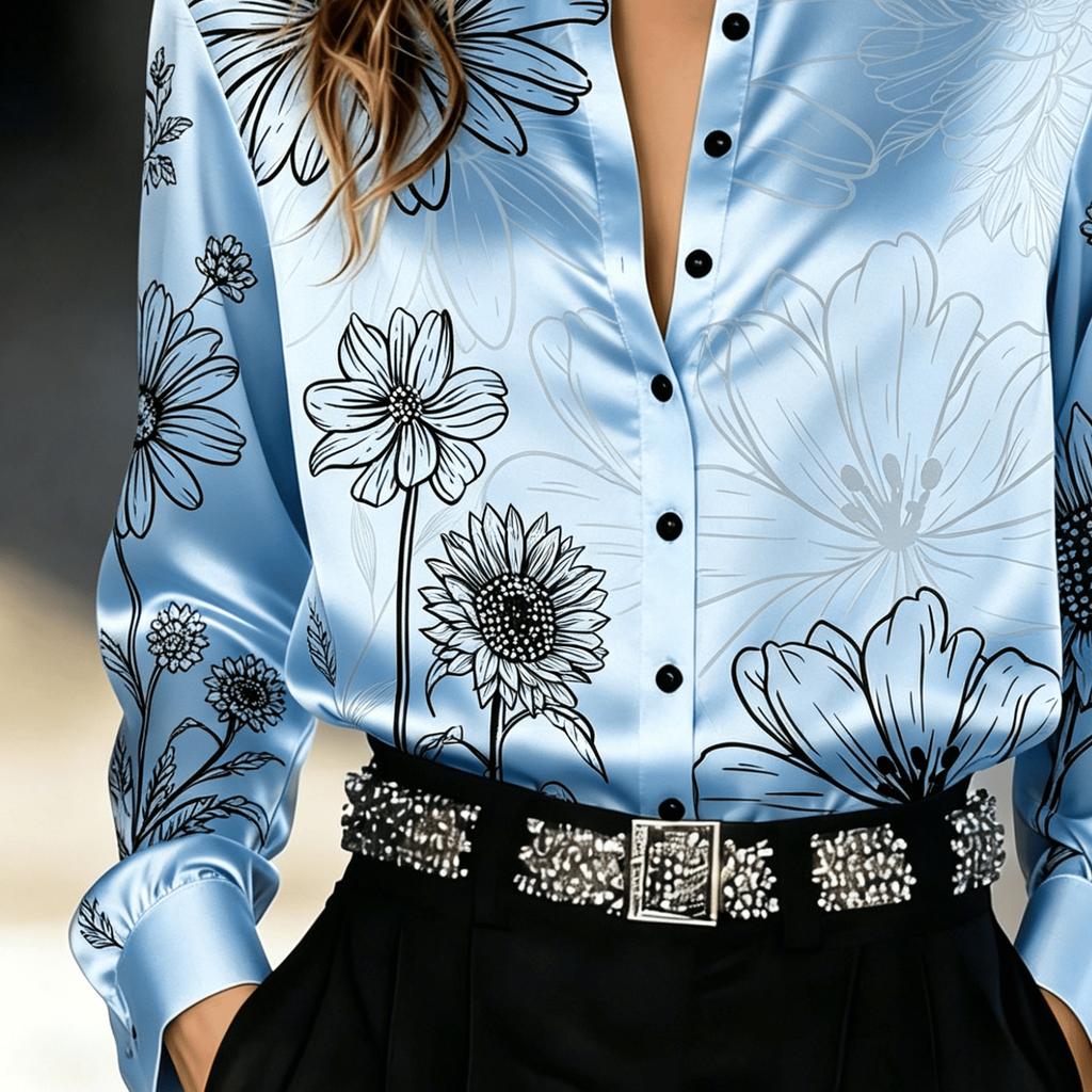 The Lady's Exquisite Floral-patterned Blouse and Button-up Top Are Suitable for Both Casual and Formal Occasions. They Are Simple Yet Elegant.
