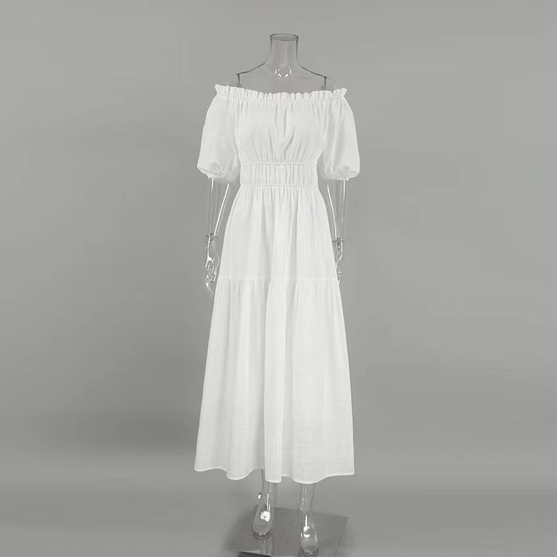 

French Style Elegance White off-Shoulder Puff Sleeves Waist-Tight Dress Sexy One Line Neck Dress White L