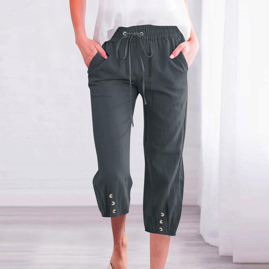 Women's Solid Color Pants With Elastic Waistband Loose Button Pants Legs Casual Pants