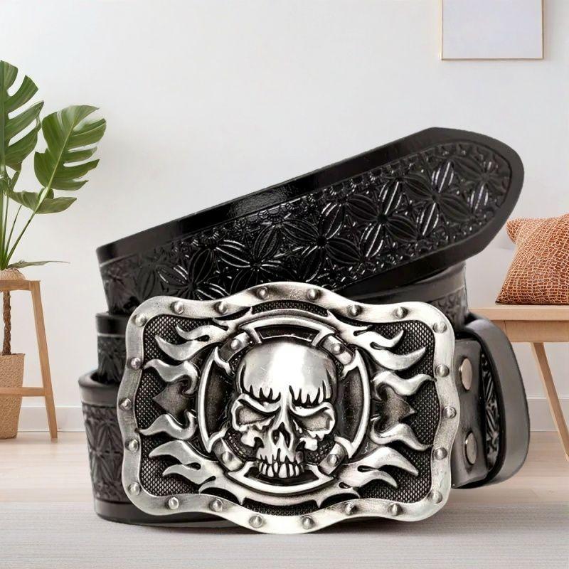 Men's Alloy Buckle Leather Belt - Vintage Embossed Punk Style