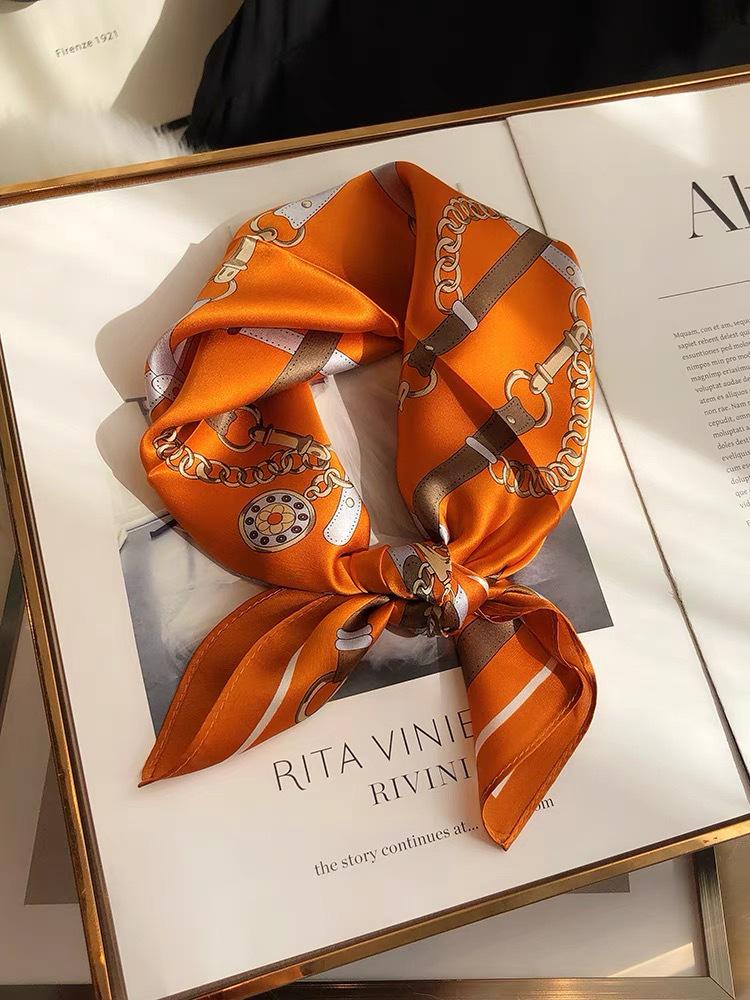 Dámský béžový hedvábný šátek - 53 cm Korejský styl Tištěný čtverec, 100% morušové hedvábí na jaro/léto