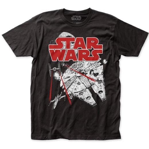 Men s Star Wars Space Fight T-Shirt Death Star Millenium Falcon Tie Black - New 2XL