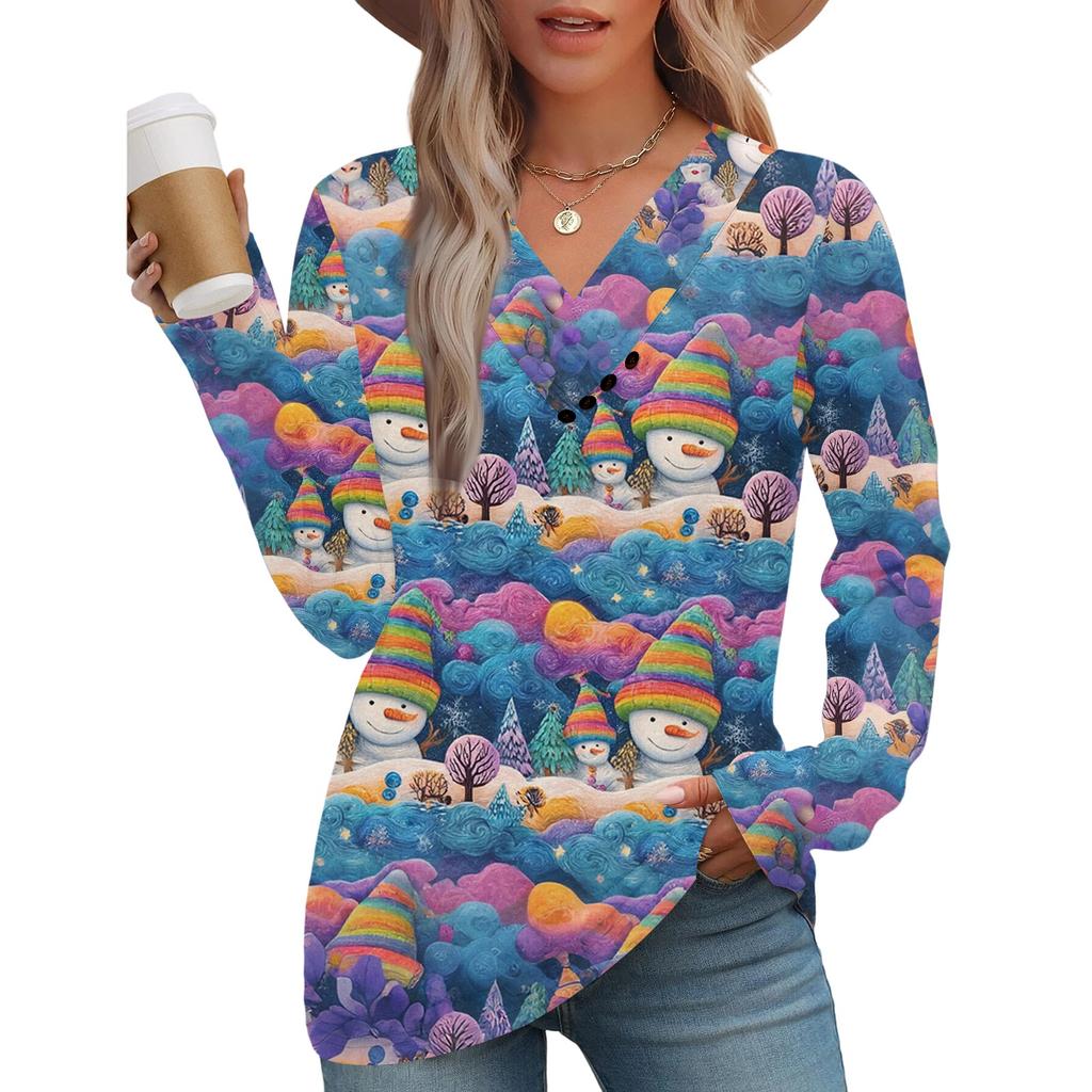 Women's Fashion Casual V-neck Pleated Christmas Long Sleeve Top