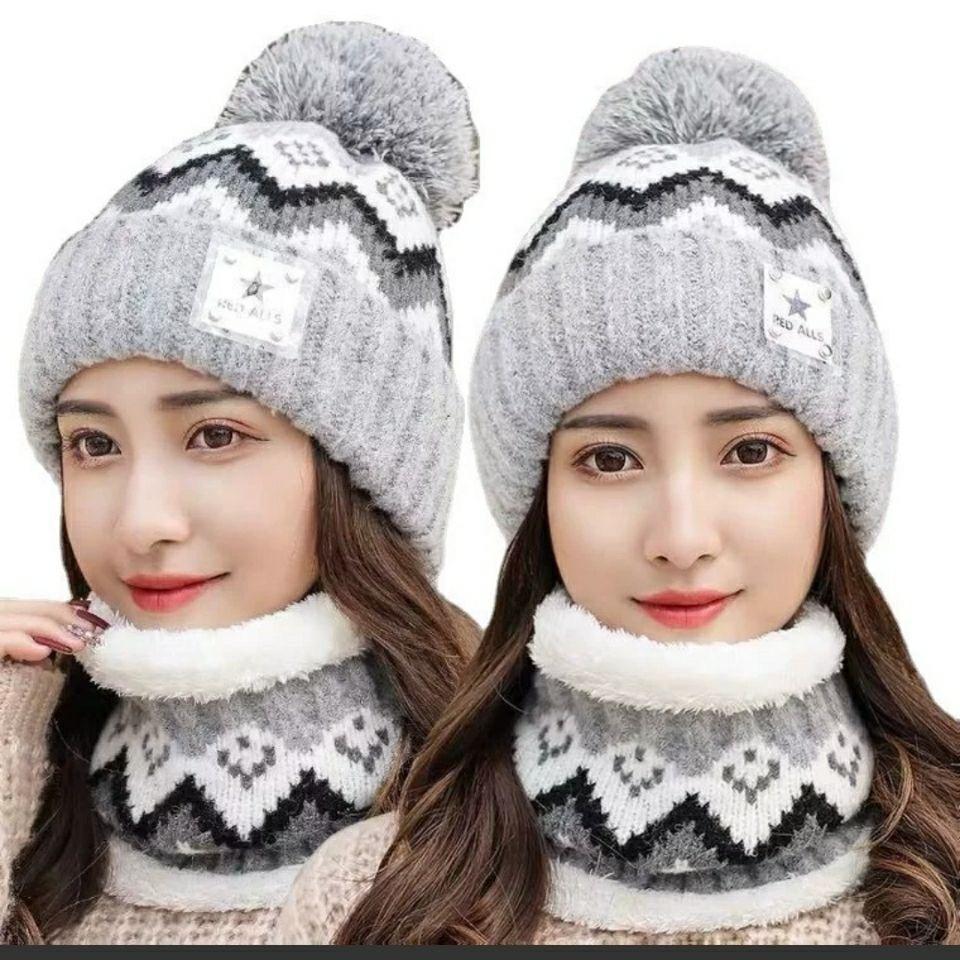 Winter women's thickened velvet warm knitted wool hat scarf set student cycling hairball ear protector hat