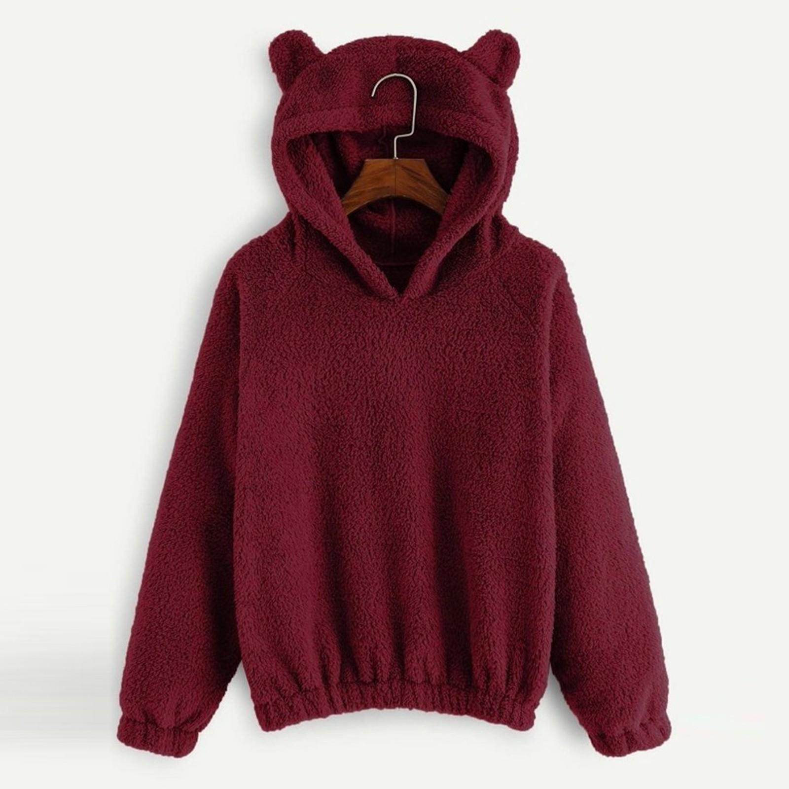 Women s Long Sleeve Fleece Sweatshirt Warm Bear Shape Fuzzy Hoodie Pullover L винный