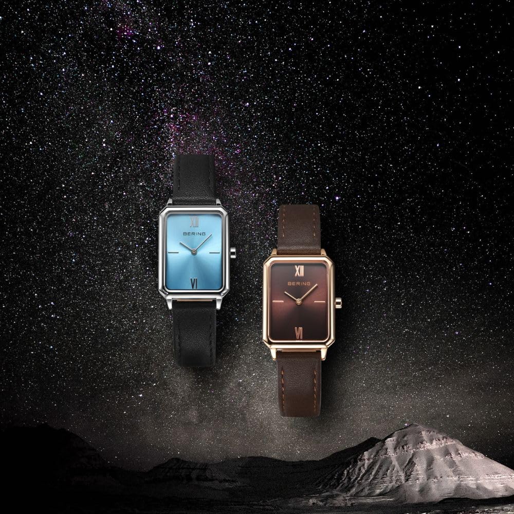 BERING Unisex Rectangle Watch with Brown Leather Rose Gold or Pink Gold Sapphire and Stainless Steel Women's Strap, Case, Crystal, Scratch-Resistant