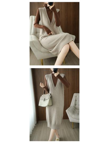 2021 Autumn College Style Long Knit Vest Dress: Loose Over-the-Knee, Elegant Mature Sister Style