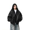Giacca Nera Oversize in Pelle Unisex Autunno Casual Streetwear Corta Corta con Cappuccio Stile Biker