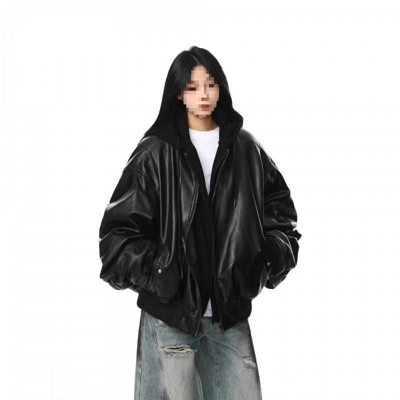 Giacca Nera Oversize in Pelle Unisex Autunno Casual Streetwear Corta Corta con Cappuccio Stile Biker