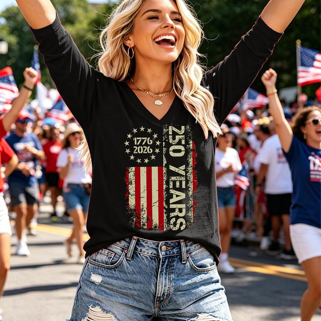 Womens Spring Tops 250 Years 1776 2026 V Neck Summer Shirts for Women Casual 3/4 Sleeve Tshirts Shirts for Women
