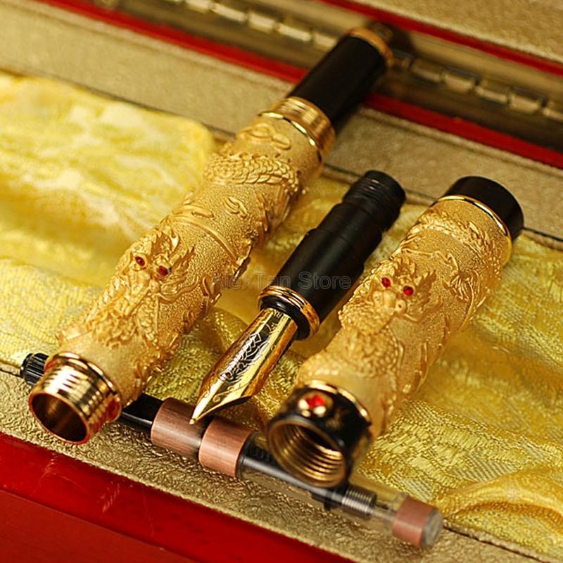Jinhao Classic Double Dragon Playing Pearl, Metal Carving Embossing Heavy Pen Gold For Writing Gift Pen With Gift Box