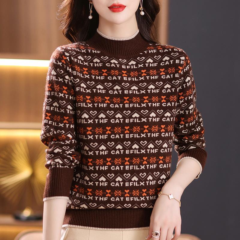 Women's Sweater Autumn and Winter Jacquard Casual Pullover Long-sleeved Loose Half Turtleneck Knitted Sweater
