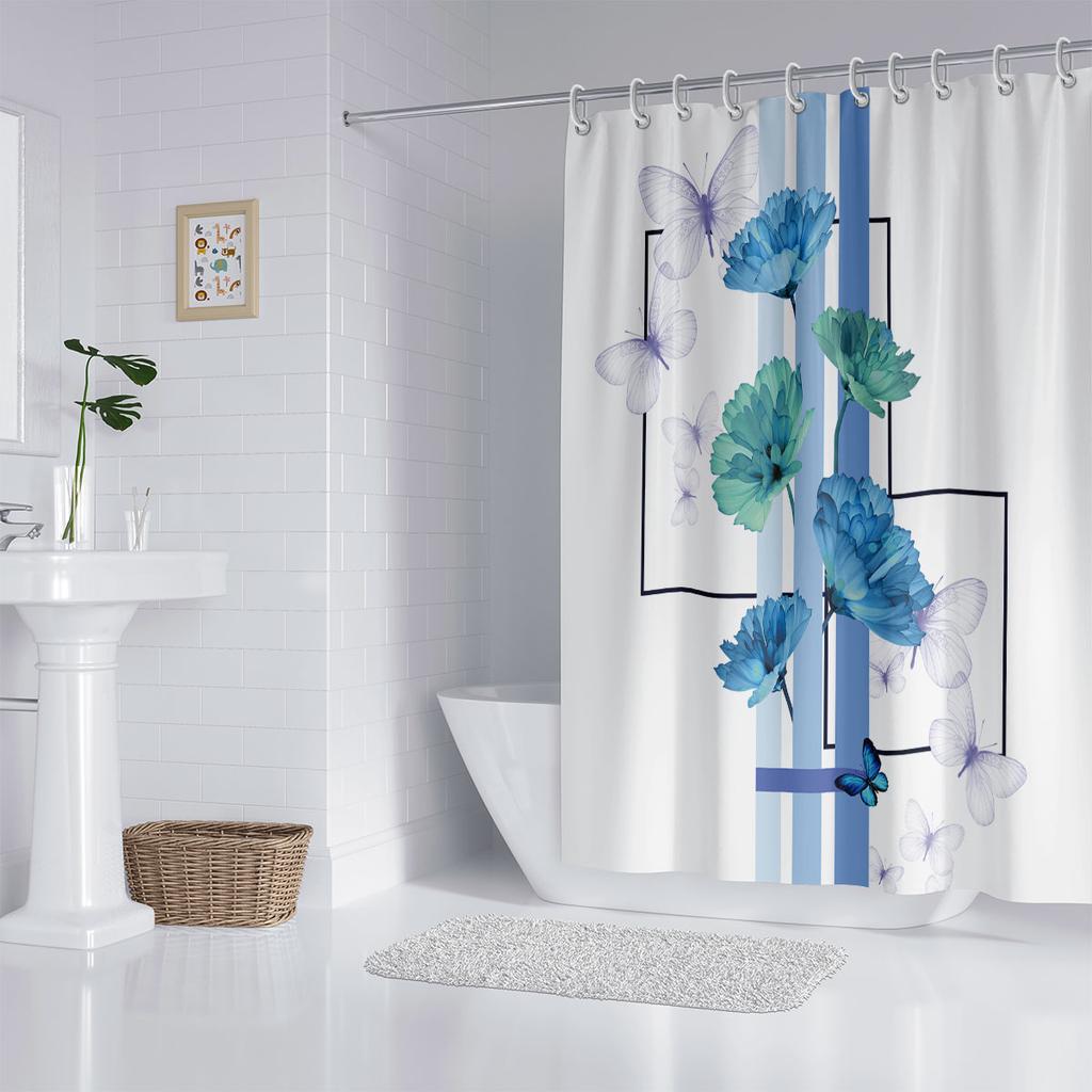 1 Blue Trumpet Vine Printed Waterproof Shower Curtain Shower Partition Bathroom Privacy Protection With 12 Hooks Easy To Install