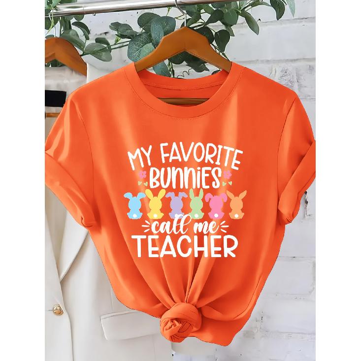 Women's MY FAVORITE BUNNIES Teacher's Short Sleeve Shirt One-piece Easter Outfit T Shirt Teacher's Outfit for Holiday Outings 2026 New Spring and