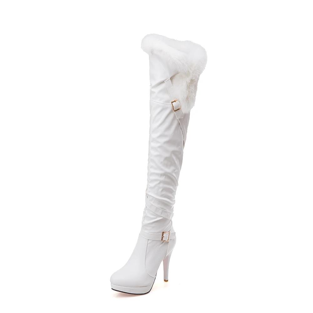 PU Soft Leather Over Knee High Heels Boots Platform Warm Woman 's Winter Long Boots Zapatos Mujer Black White Party Fetish Shoes