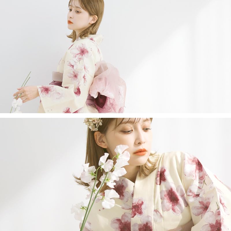 (Dita) Women's Yukata 5-Piece Set: White, Pink, and Cream with Floral Watercolor Design. Simple and Girly. Easy to wear by yourself. (Sakura no Saki