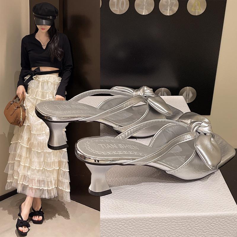 Fashion 2025Summer Women Thick Heel Slippers Fashion Open Toe Butterfly-knot Shoes Ladies Casual Dress Street Style Slides