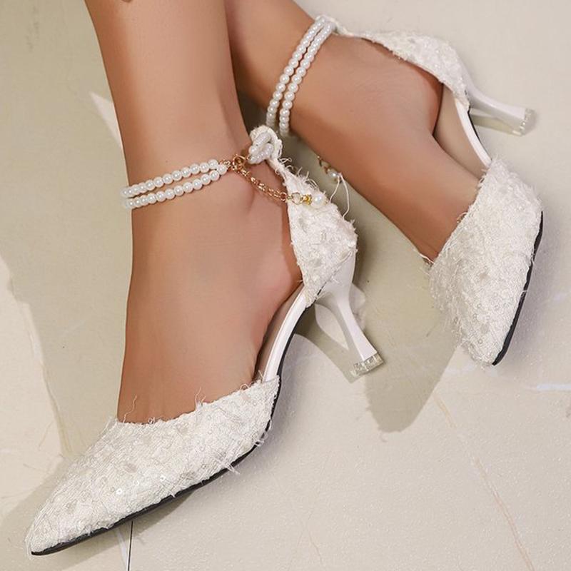 Fashion Bling Pointed Toe Pumps Shoes Women Summer 2025 Luxury Pearl Buckle Strap Women's Pumps Weeding Solid Plus Size Lady High Heels