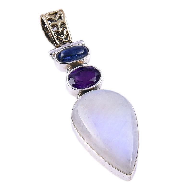 Natural Rainbow Moonstone,African Amethyst 925 Solid Silver Pendant 2.25'' L5K09