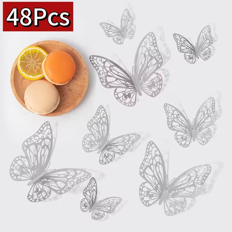 48pcs/lot Metal Inspired Hollow 3D Paper Butterfly Decorations for Parties, Festivals, Weddings, Birthdays, Wall Stickers