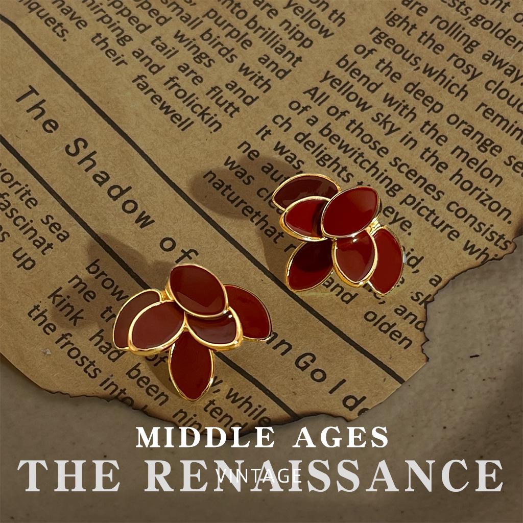 Burgundy Enamel Drop Glaze Earrings Collection Retro French Stud Earrings Hong Kong Style Earrings