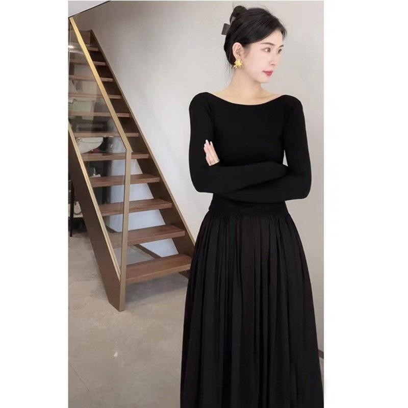 Black U-neck Splicing Long-sleeved Dress for Women's Early Autumn Wear, New French Hepburn Temperament Socialite Dress