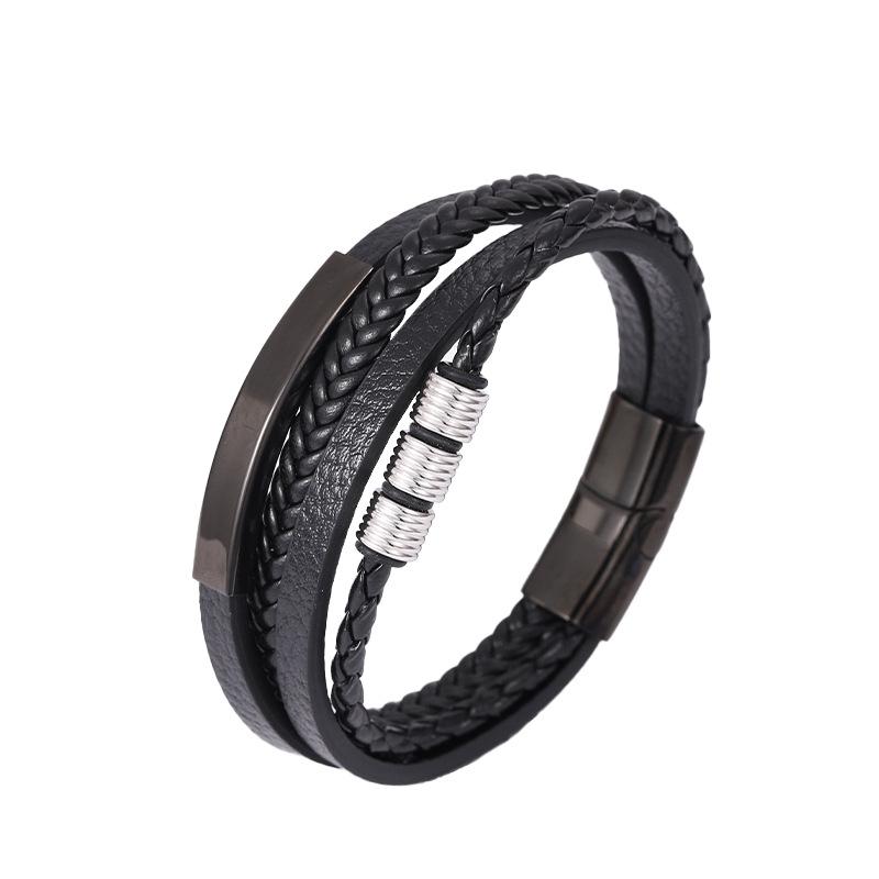 Многослойный кожаный браслет Мужской браслет из нержавеющей стали Браслет из кожаного шнура Оригинальный браслет Ювелирные изделия 7.5Inch