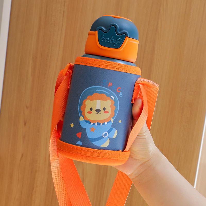 Kids' Outdoor Thermos Cup - Deer Antler Design, Straw & Smart Lid, Stainless Steel, Cartoon Style with Strap