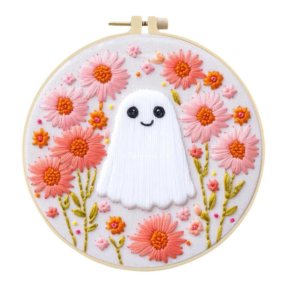 Halloween Stamped Cross Stitch Embroidery Kits with Hoop Cloth Color Thread for Beginners DIY Arts Ornament Cross Stitch Sets